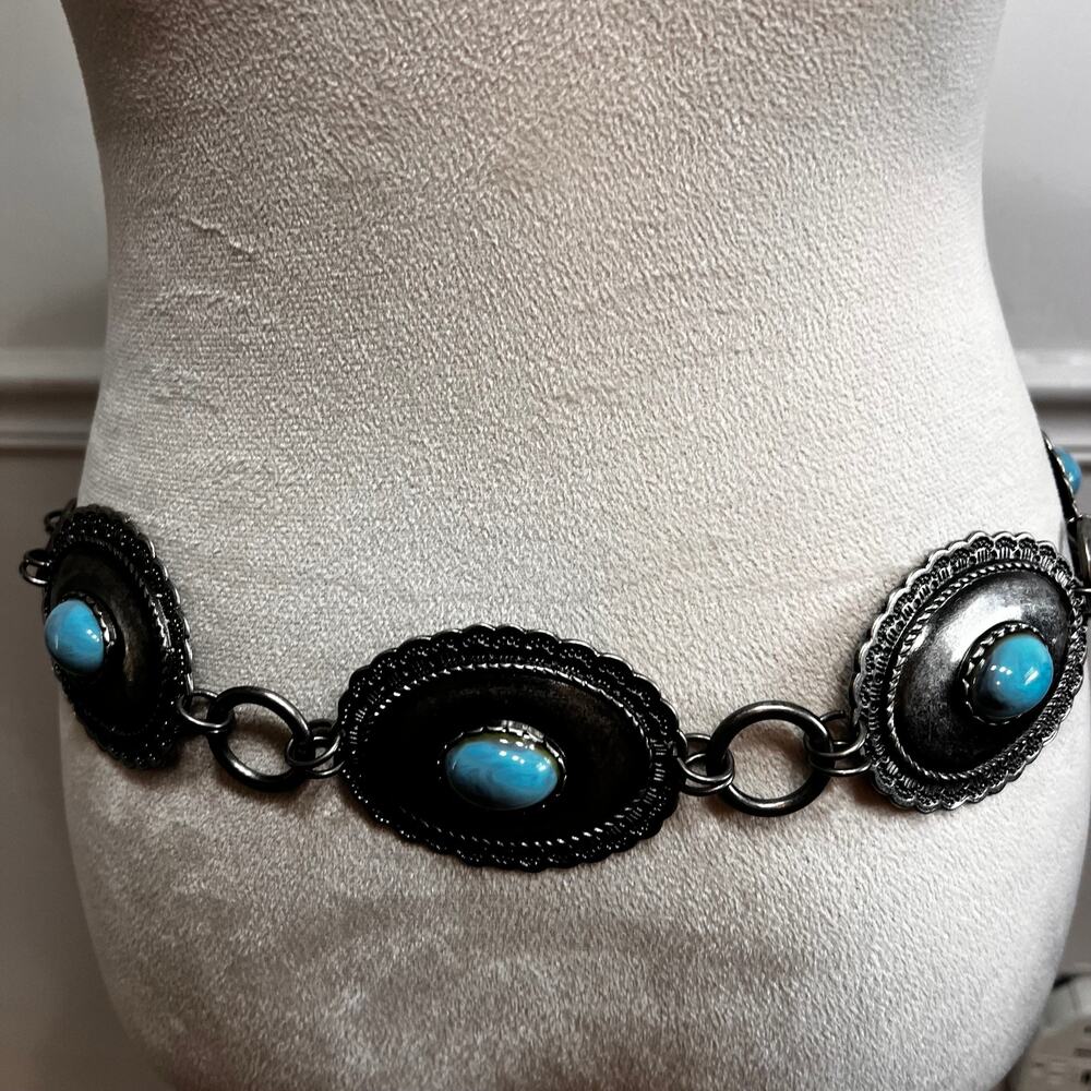 Silver Tone Turquoise Color Concho Chain Belt Adjustable Western Boho